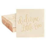 50 Pack Pink Baby Shower Napkins – “Welcome Little One” Light Tan Napkins with Gold Foil for Baby Shower Decorations (5x5 in)