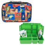 Go Green Lunch Box Set 5 Compartment Leak-Proof Lunch Box Insulated Carrying Bag Beverage Bottle Gel Freezer Pack (Jurassic Party)