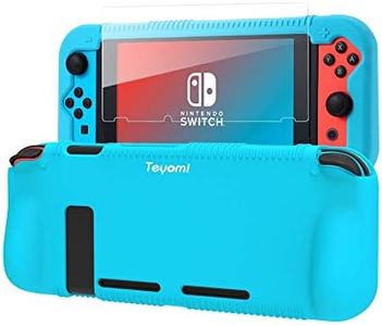 Teyomi Protective Silicone Case for Nintendo Switch, Grip Cover with Tempered Glass Screen Protector, 2 Storage Slots for Game Cards, Shock-Absorption & Anti-Scratch (Blue)