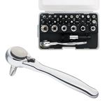 SHARDEN 1/4 Mini Ratchet Set 28pcs Right Angle Screwdriver and Bit with Metric Socket Set, 72 Tooth Small Ratcheting Wrench Offset Screwdriver Low Profile Stubby Ratchet for Tight Spaces