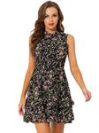 Allegra K Women's Floral A-line Smocked Waist Tiered Ruffled Chiffon Mini Dress Black 20