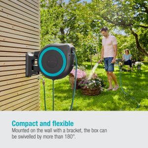 Gardena Wall-Mounted Hose Box RollUp XL, 35m Hose – Swivel Watering System, Turquoise