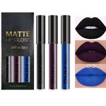 3Pcs Dark Black Blue Purple Matte Liquid Lipstick Sets - Goth Makeup - Long Lasting Matte Lipstick Lip Stain Lip Gloss Set - 24 Hour Waterproof Matt Lipsticks Set