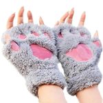 MAKFORT 1 Pair Ladies Girls Womens Cat Paw Gloves Winter Gloves Fingerless Paw Mittens Warm Plush Half-Finger Winter Gloves Grey