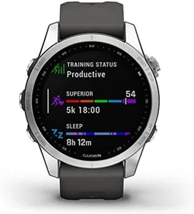 Garmin fenix 7S, smaller sized adventure smartwatch, rugged outdoor watch with GPS, touchscreen, health and wellness features, silver with graphite band, 010-02539-00