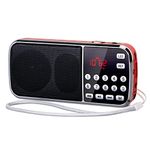 PRUNUS J-189 Pocket Radio AM FM, Portable Radio Small Bluetooth Radio with Dual Speakers Heavy Bass, LED Flashlight, Pocket Size, TF Card USB AUX MP3 Player, Rechargeable Battery Operated Radio(Red)