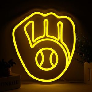 Balanar Baseball Neon Signs for Garage or Man Cave Decor, Gifts With Milwaukee Basebll or Rugby Team Logo, Yellow Baseball Neon for Parties, Bars,Dorms, Office Wall Art and Game Room Decor