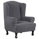 H.VERSAILTEX 1 Piece Super Stretch Stylish Furniture Cover/Wingback Chair Cover Slipcover Spandex Jacquard Checked Pattern, Super Soft Slipcover Machine Washable/Skid Resistance (Wing Chair, Gray)