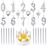 FULANDL 26Pcs Birthday Numeral Candles Set, 10Pcs Number 0-9 Glitter Cake Topper Decoration with 16Pcs Long, Star, Heart Birthday Candles (Silver)