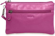 SADDLER Real Leather Carry All Zip Top Mini Clutch Purse Cosmetic Bag| Ideal for Phone | Detathable Wrist Strap | RFID Protected | Gift Boxed - Magenta