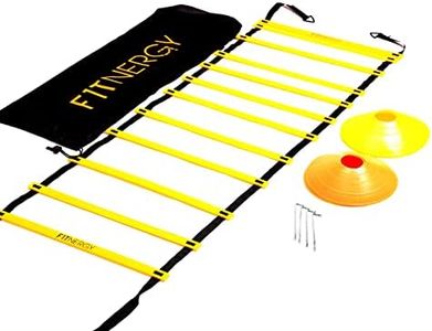 F1TNERGY Speed & Agility Ladder Training Equipment - Orange 12 Rung Ladder, Bag, 10 Speed Cones (5 Orange + 5 Yellow), 4 Pegs & D-Rings - Soccer Training Football Resistance Bands Set Soccer Ball