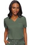 Med Couture Women's V-Neck Scrub Top, Modern Fit Tuck-in Top with Stretchy Rib-Knit Shoulders and Chest Pocket - MC7448, Olive, M