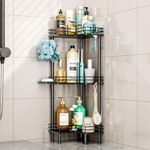 HapiRm Corner Shower Caddy Standing - 3 Tier Shower Organizer Corner with Sponge Holder, Rustproof Floor Shower Shelves with 4 Hooks for Bathroom, Black