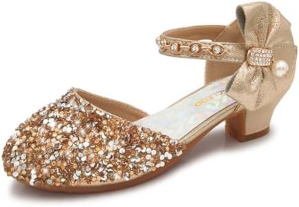 Mei MACLEOD Girls Dress Shoes Low Heel Princess Shoes Sparkly Mary Jane Shoes with Pearl Bowknot for Wedding Party