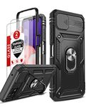 LeYi Samsung A22 5G Case Camera Cover Slider and 2 Tempered Glass Screen Protector, Ring Holder 360° Full Body Protective Shockproof Hard Armour Rugged Phone Case Cover for Samsung Galaxy A22 5G Black