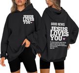 DUTUT Christian Sweatshirt Women Jesus Loves You Hoodie Oversized Jesus Faith Pullover Inspirational Long Sleeve Tops Black