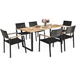 DORTALA 7 Pieces Patio Dining Set, Outdoor PE Rattan Dining Furniture Set with Large Acacia Wood Table, Umbrella Hole, Strong Steel Frame, Conversation Set for Yard, Garden, Poolside, Lawn