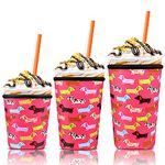 3 Pack Iced Coffee Cup Sleeve for Large Sized Cups, Reusable Neoprene Iced Coffee Cup Holder for Hot Cold Drinks, Compatible with Starbucks, Dunkin Donuts, and More (3 PK Sm-Med-Lg, Pink Dog)