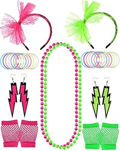 jxzdle 80s Accessories For Women, 80s Party Christmas Decorations Lace Headband Earrings Fishnet Gloves Necklace Bracelet For Girls Costume Theme Dance Birthday Party, 80s Dress Up (10)