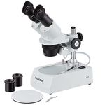 AmScope SE306R-PZ Forward Binocular Stereo Microscope, WF10x and WF20x Eyepieces, 10X-80X Magnification, 2X and 4X Objectives, Upper and Lower Halogen Light Source, Pillar Stand, 120V, White