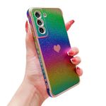 phylla for Samsung Galaxy S21 FE Phone Case Luxury Plated Cute Heart Iridescent Rainbow Laser Protective Cover Camera Protection Soft Silicone Shockproof Elegant Love Pattern Bumper (Black)