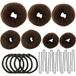 Donut bread maker, hair bun maker 7-piece brown, ring shape set, with 10 U-shaped clips, 5 elastic hair ropes.