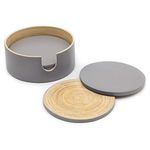 Dehaus® Stylish Grey Bamboo Coasters - Grey Set of 6, 10cm Round Coasters with Premium Wooden Holder - Natural Handmade Wood Drink Mats - Reversible Design - Eco Friendly