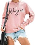 UNIQUEONE Blessed Sweatshirt for Women Letter Print Lightweight Thanksgiving Pullover Tops Blouse (Pink, Large)