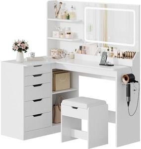 TRIUMPHKEY Dressing Table with Stool,Vanity Desk with 5 Drawers,Power Outlet,Corner Makeup Table with 3 Colors LED Mirror,Open Shelves,Bedroom Furniture for Women Girls