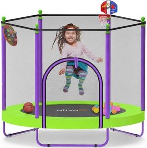 ATIVAFIT 60 Inch Kids Trampoline, 5FT Round Rebounder | Safety Net, Indoor Outdoor for Kids Ages 1-8, Padded Edge, Basketball Hoop for Home or Backyard Play
