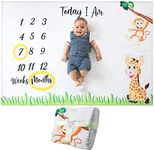 Baby Monthly Milestone Blanket | for Boy or Girl, Unisex | Month Blanket Baby for Pictures | Jungle Safari, Giraffe & Monkey Theme | Personalized Shower Gifts New Moms | Track Age & Growth