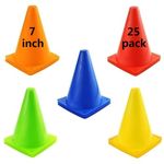 YOQXHY Soccer Cones 7 Inch (25 PCS) Agility Training Sports Cone Plastic with Carry Bag for Kids Football Basketball Drills Field Markers, (5 Colors)