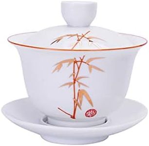 Porcelain Gaiwan 8oz Teacup White Glazed Tureen Chinese Sancai Cover Bowl Lip Cup Saucer Set (Bamboo)