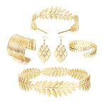 SAILIMUE 5 Pcs Greek Goddess Costume Accessories Set for Women Golden Laurel Leaf Crown Headband Armband Coil Bracelet Leaf Dangle Earring Bridal Wedding Headpiece Toga Party