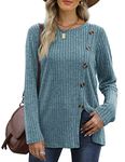 Aokosor Womens Long Sleeve Tops Ladies Lightweight Jumpers Button Front Slit Tunic Blue Size 14-16