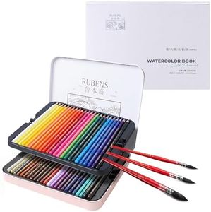 rubens Watercolor Pencils Kit, 48 Soft Core Colored Pencils with 3 Pcs Watercolor Paint Brushes and 20 Sheets of 140lb/300gsm White Watercolor Paper 7.67”x10.63” Hot Pressed