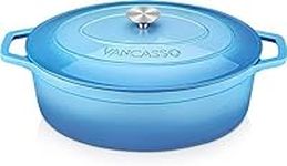 vancasso Casserole Dish, 37cm Oval Cast Iron Dutch Oven with Dual Handles and Lid, 8 Liters Naturally Non-Stick Enamelled Coated Cast Iron Pot Suitable for All Stovetops Compatible - Blue