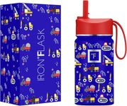 IRON °FLASK Kids Water Bottle - 14 Oz, Straw Lid, 20 Name Stickers, Vacuum Insulated Stainless Steel, Double Walled Tumbler Travel Cup, Thermo Mug, Metal Canteen (Construction Zone)