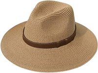 DRESHOW Women Straw Panama Hat Fedora Beach Sun Hat Wide Brim Straw Roll up Hat UPF 50+