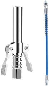 YUENTOEN Grease Gun Coupler with 15.7in Spring Flex Hose, Double Handle Extended Version Heavy Duty Grease Fitting 1/8" NPT 17,000 PSI