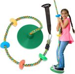 Jungle Gym Kingdom Tree Swing for Kids - Single Disc Seat and Rainbow Climbing Rope Set w/Carabiner and 4 Foot Strap - Treehouse and Outdoor Playground Accessories - Green