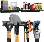 Heavy-Duty Garage Wall Storage System | Wall Mounted Tool Organizer Rack with Shelving | 10-Piece Mounting Kit | Includes 4x8.5” Adjustable Hooks & 2x16.5” Floating Utility Shelves