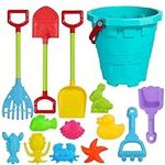 Holady 7.28" Large Castle Sand Buckets Pails Beach Water Pool Gardening Bath Toy Environmentally ABS Durable Thick Plastic Complete Gift Set Includes Beach Bucket,Sand Mold, Sand Shovel,Rake(14 PCS)