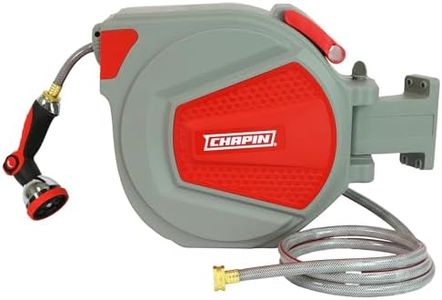 Chapin 5999: 65 ft. Retractable Garden Hose Reel, Wall Mounted Heavy-Duty Case and 180° Swivel Frame Mount, Auto Retract and Locking Hose, w/ 10 Position Metal Garden Hose Spray Nozzle