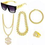 Funmo Dollar Chain Set, Hip Hop Costume Set, 80s Costume Golden Dollar Chain 80s/90s Rapper Accessories Hip Hop Jewellery Gold for Men Carnival Party Theme Party