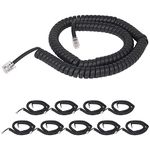 Coiled Telephone Handset Cord for Use with PBX Phone Systems, VoIP Telephones - 12 Ft Uncoiled, Rj22, 1.5 Inch Lead on Both Ends, Flat Black, 10-Pack