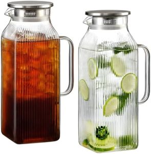 Snuvid 2 Pack 2 Liter/68 oz Square Glass Pitcher with Lid, Classic Stripes Water Pitchers with Handle for Fridge, Large Jug for Iced Tea, Borosilicate Glass Carafe for Hot/Cold Brew Drink, Silver