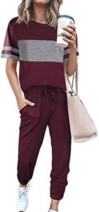 PRETTYGARDEN Women's Two Piece Outfit Short Sleeve Pullover with Drawstring Long Pants Tracksuit Jogger Set (Striped Wine Red,Small)
