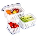 BELLE VOUS 3 Pack of Fresh Produce Saver Storage Containers with Drain Baskets - Reusable Fridge/Freezer Plastic Food Organiser Bins with Lids - Store Vegetables & Fruit - Dishwasher/Microwave Safe