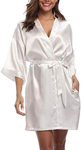 Old-Times Women's Silk Kimono Robes Short Robe Satin Bathrobe for Bridesmaids and Bride White Large